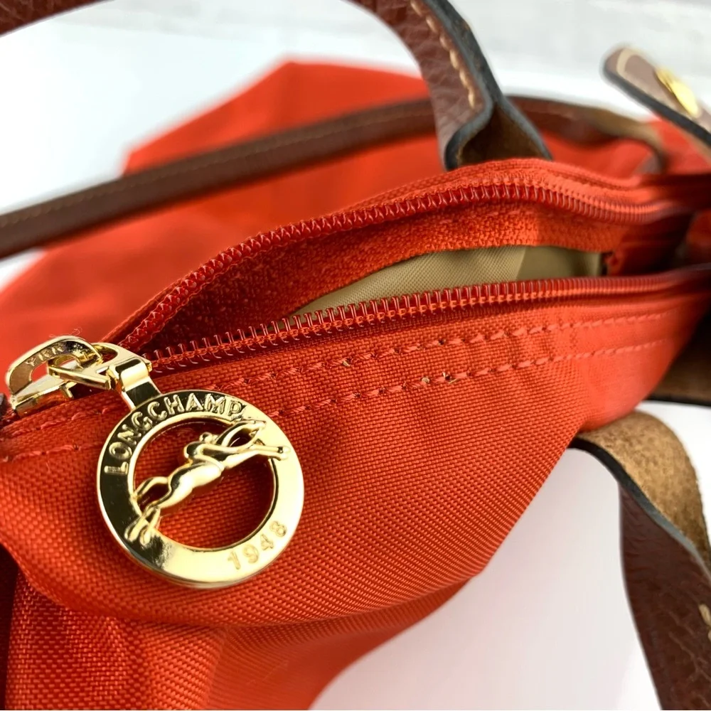 Longchamp Orange Nylon & Brown Leather Tote - Picture 11 of 16